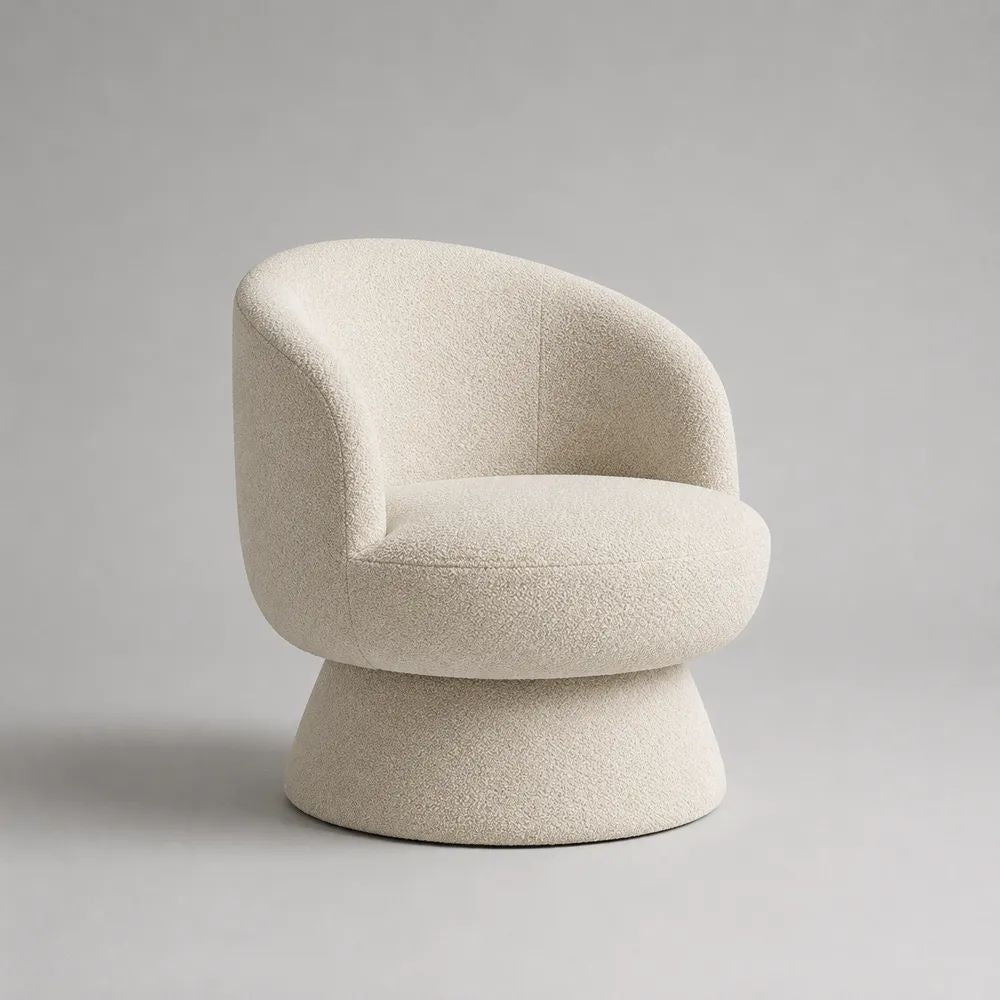 Fauteuil pivotant en tissu bouclé écru, forme arrondie, 74 × 72 × 76 cm