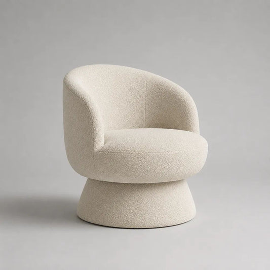 Fauteuil pivotant en tissu bouclé écru, forme arrondie, 74 × 72 × 76 cm