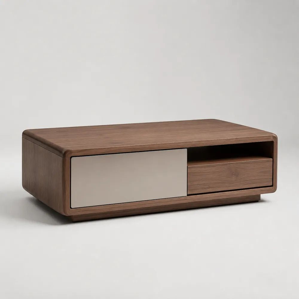 Table basse rectangulaire avec rangements en MDF plaqué noyer brun et beige, 120 × 60 × 40 cm