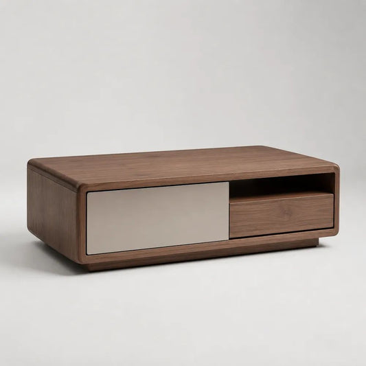Table basse rectangulaire avec rangements en MDF plaqué noyer brun et beige, 120 × 60 × 40 cm