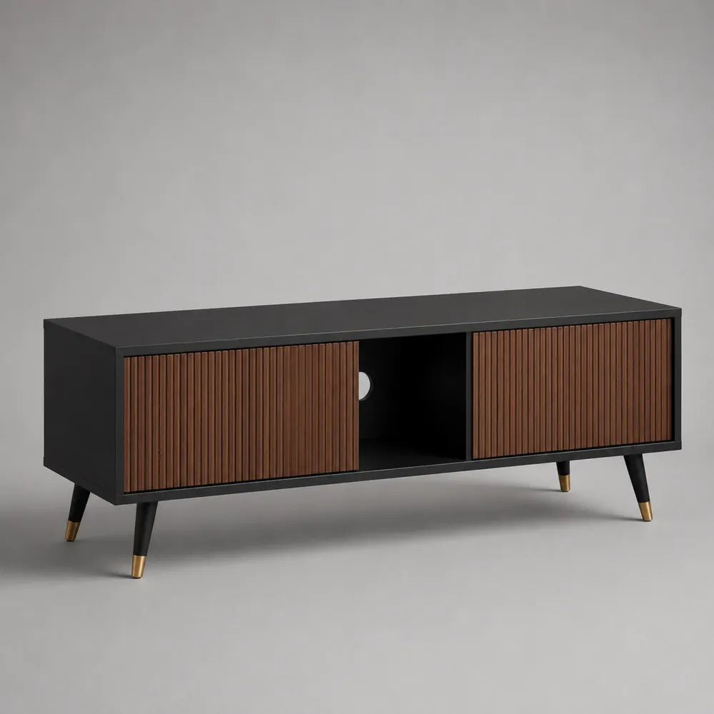 Meuble TV bas en MDF plaqué noyer avec 2 portes coulissantes, noir et marron, 140 × 40 × 60 cm