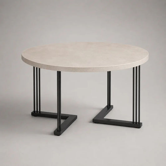 Table basse ronde avec plateau MDF effet pierre beige et piètement en acier noir, Ø 80 × H 45 cm