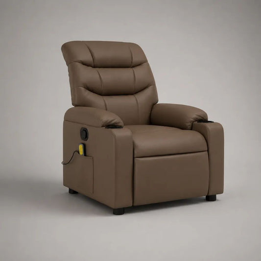 Fauteuil relax inclinable massant en similicuir marron taupe avec 2 porte-gobelets, 95 × 92 × 105 cm