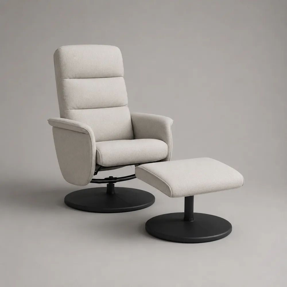 Ensemble fauteuil relax pivotant avec repose-pieds en polyester bouclé et acier, blanc cassé et noir, 76 x 82 x 103 cm et 51 x 43 x 40 cm