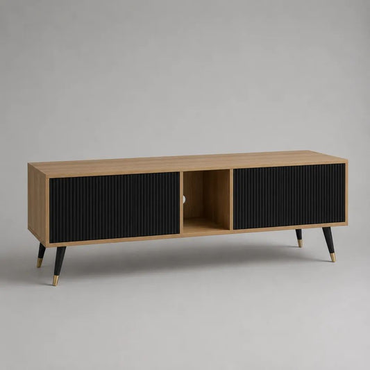 Meuble TV rectangulaire en panneaux de particules et MDF, chêne naturel et noir, 140 × 40 × 55 cm