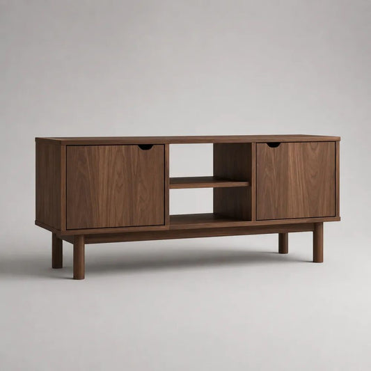 Meuble TV bas rectangulaire en bois MDF plaqué noyer avec 2 portes et 2 niches, brun noyer, 140 × 40 × 65 cm