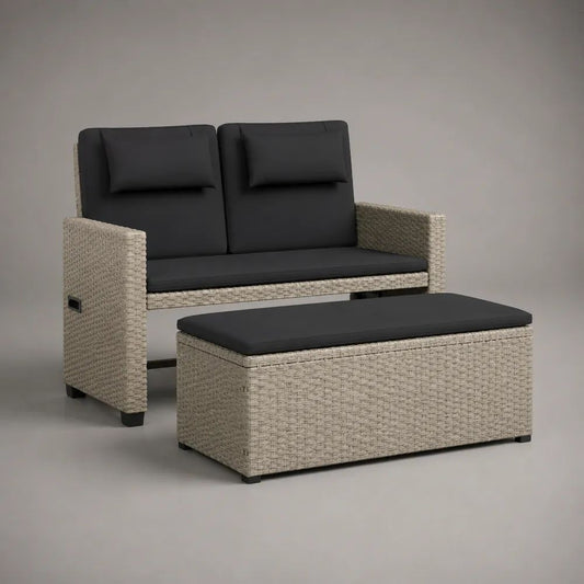 Ensemble de jardin extérieur 2 pièces en résine tressée et acier, banc 2 places 132 x 74 x 96 cm et coffre repose-pieds 100 x 50 x 42 cm, beige et gris anthracite
