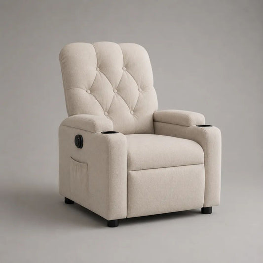 Fauteuil relax manuel 1 place en tissu bouclé crème avec repose-pieds, 2 porte-gobelets et poche latérale, 84 × 90 × 105 cm
