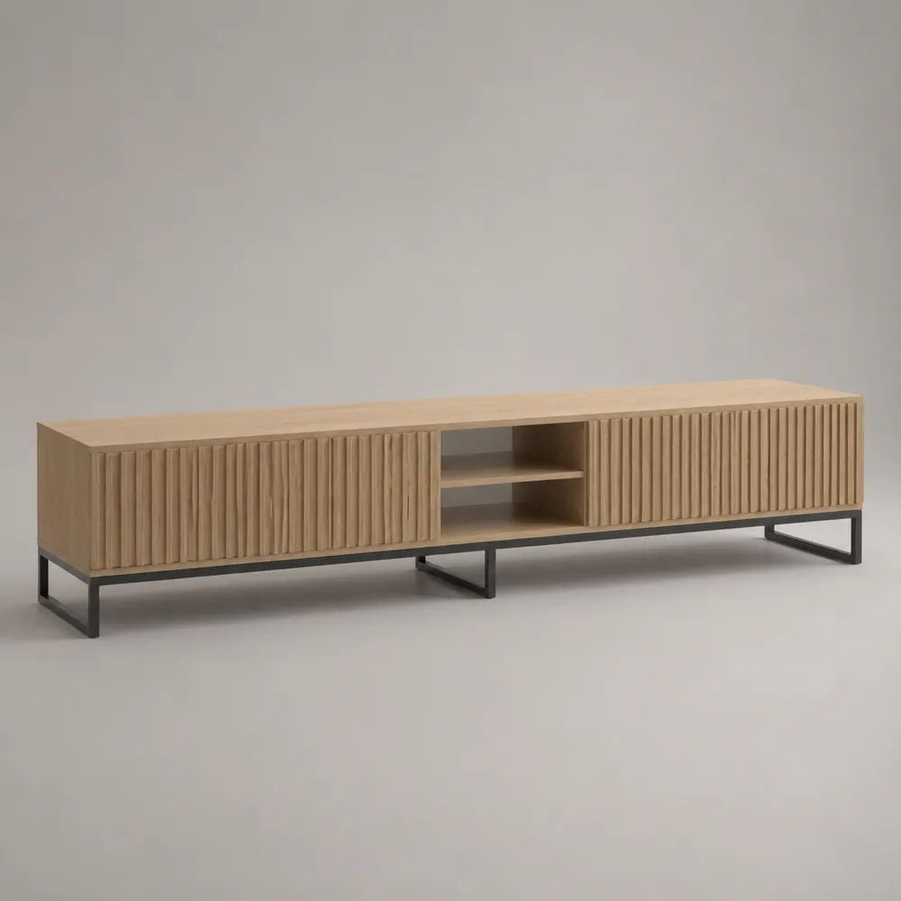Meuble TV bas rectangulaire à 2 portes coulissantes et 2 niches, MDF plaqué chêne et piètement en acier noir, 200 × 40 × 55 cm