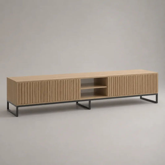 Meuble TV bas rectangulaire à 2 portes coulissantes et 2 niches, MDF plaqué chêne et piètement en acier noir, 200 × 40 × 55 cm