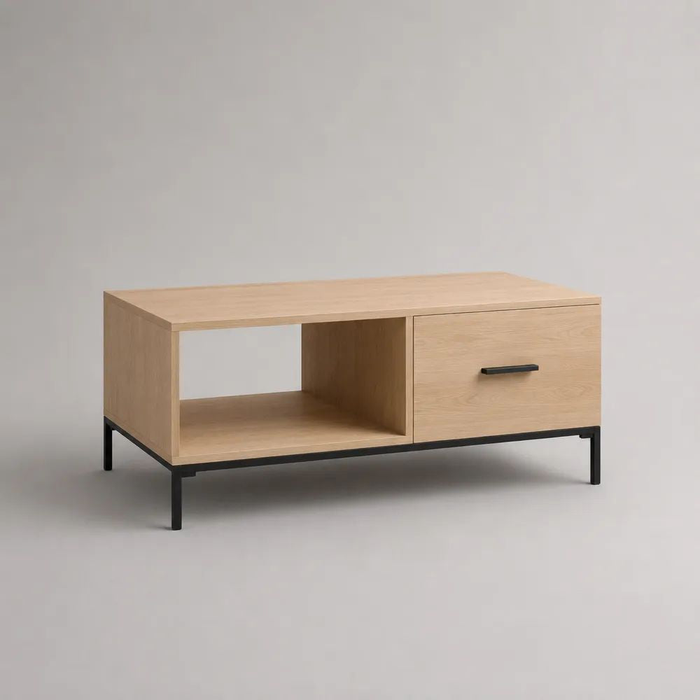 Table basse rectangulaire avec rangement en panneaux de particules plaqués chêne et acier noir, 100 × 50 × 45 cm