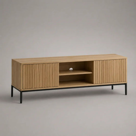 Meuble TV rectangulaire avec rangements en bois et acier noir, chêne naturel, 160 x 40 x 60 cm