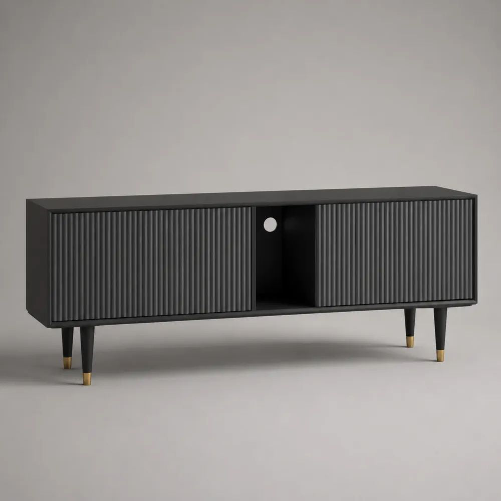 Meuble TV bas noir et laiton en panneaux de particules et MDF, 2 portes rainurées et niche centrale, 160 x 40 x 65 cm