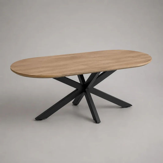 Table basse ovale en bois et métal, chêne naturel et noir, 120 × 60 × 45 cm